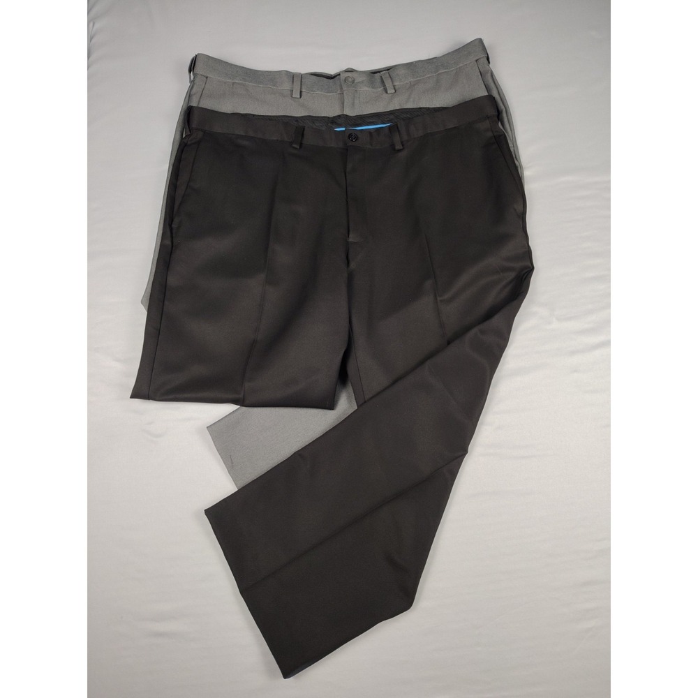 2 Pair Haggar Mens 44x27 Dress Pants Black Gray Pleated Classic Fit Business
